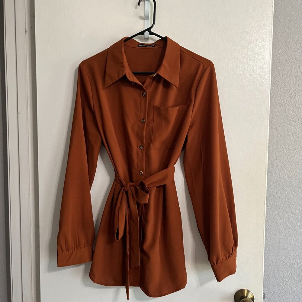 Terracotta, Button Up, Tie Belt Dress Shirt